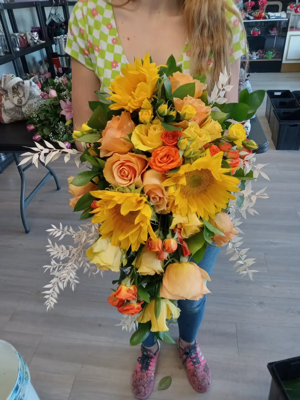 Sunflower, orange rose and yellow bloom cascade bouquet, Tucson florist